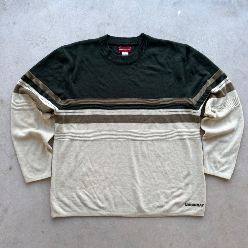Vintage Unionbay Mens XL Crewneck Sweater Green Tan Cream Striped Acrylic Knit